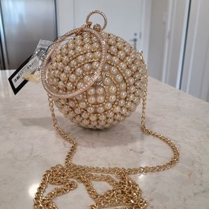 NWT Gold Badgley Mischka Faux Pearl Ball Bag